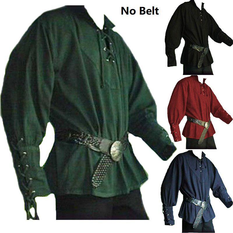 Medieval Renaissance Men Stand-up Collar Knight Top Lace Up T-shirt Costume For Stylish Cosplay