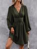 Autumn/Winter Asymmetrical Neck Lantern Sleeve Ruffle Waist Dress in Wine Red, Military Green, Black, Navy Blue, Small Floral Print.