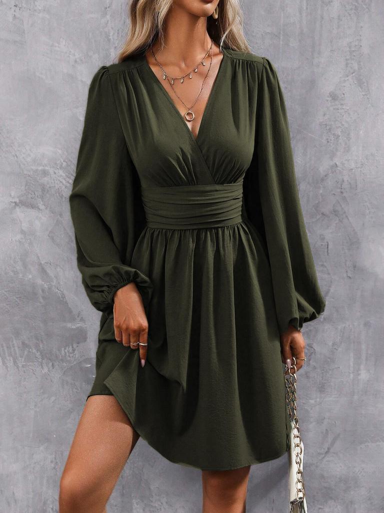 Autumn/Winter Asymmetrical Neck Lantern Sleeve Ruffle Waist Dress in Wine Red, Military Green, Black, Navy Blue, Small Floral Print.