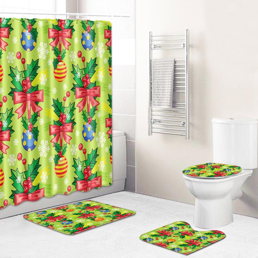 Christmas Waterproof Shower Curtain Floor Mat Four-Piece Set, Bathroom Water-Absorbing Non-Slip Door Mat, Shower Room Water-Absorbing Carpet