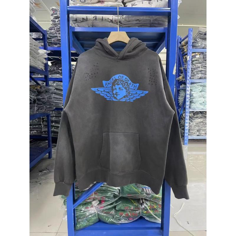 Unisex Oversized Hooded Sweatshirt With Angel Print Washed Cotton Streetwear Winter Pullover