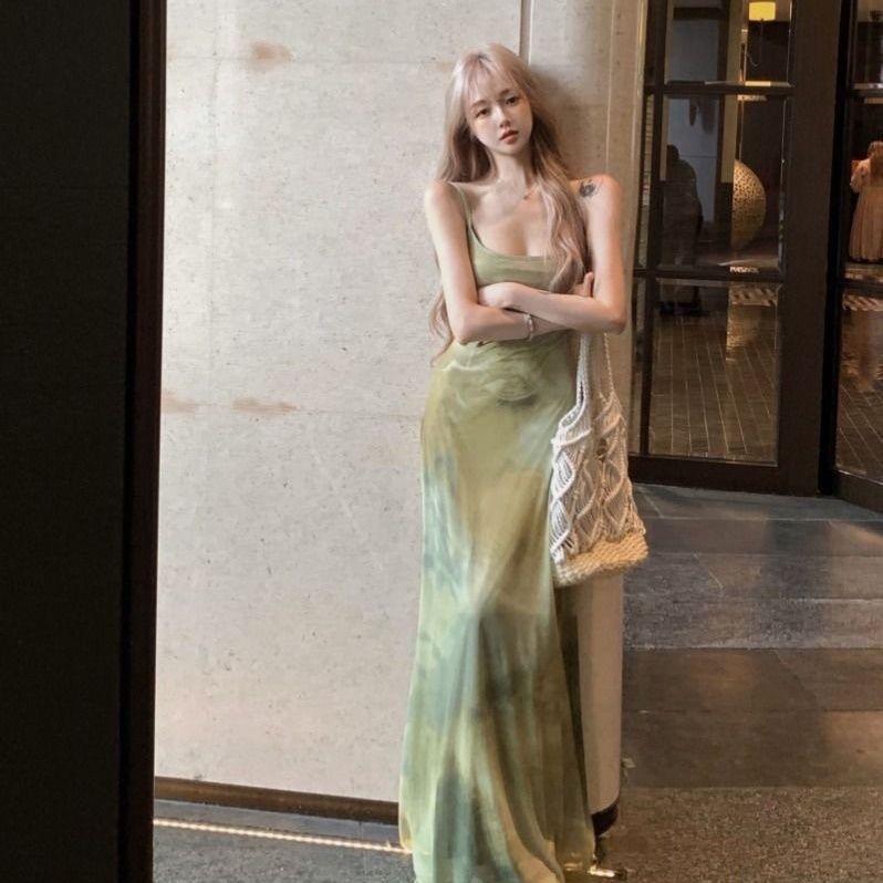Retro tie-dye sexy suspender dress women's summer seaside vacation dress temperament waist thin a word skirt