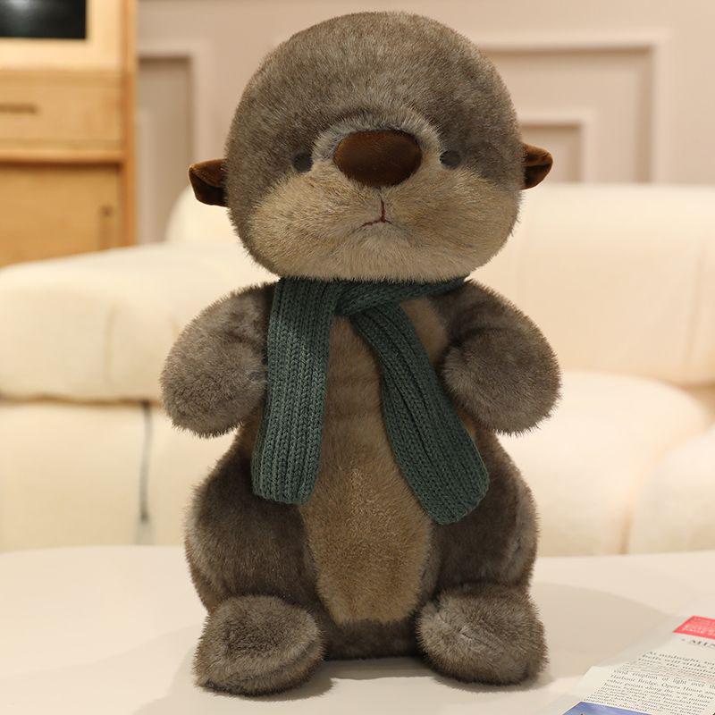 Cute Otter Plush Toy with Scarf Soft Stuffed Animal Doll Fluffy Throw Pillow for Kids Adults Creative Birthday Christmas Gift