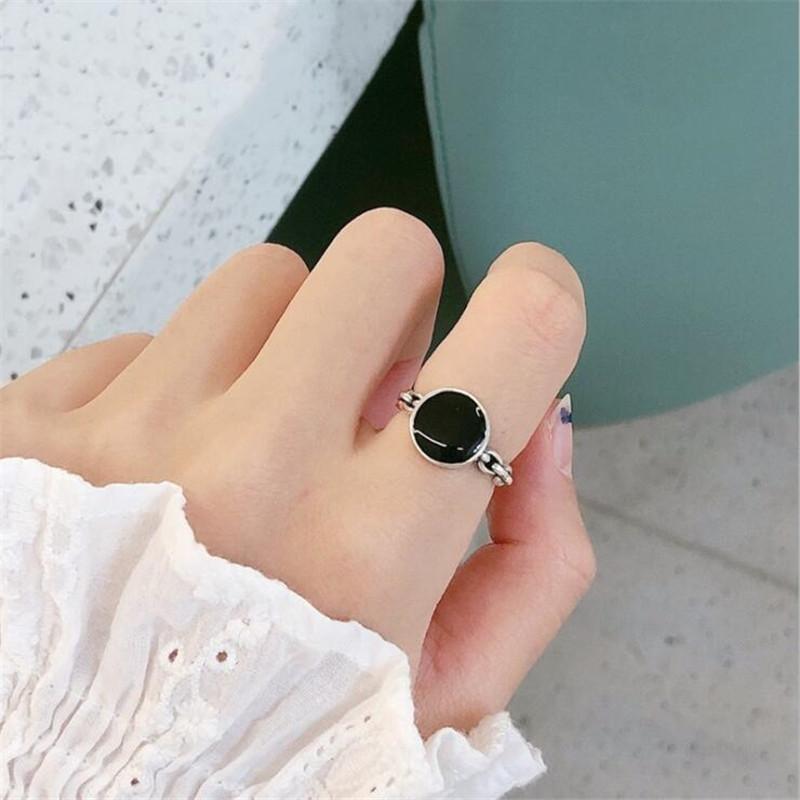 Simple Epoxy Round 925 Sterling Silver Jewelry Personality Distressed Chain Geometric Retro Opening Rings TYB036