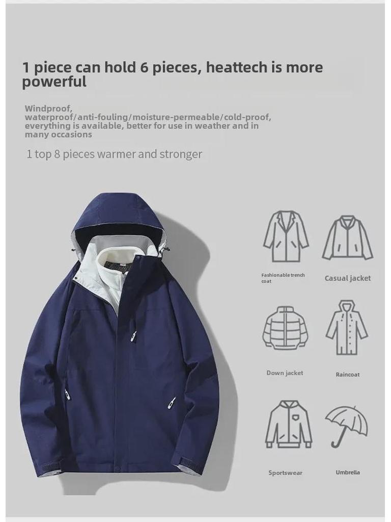 Damen 3-in-1 Winddichte Wasserdichte Jacke mit Plus-Samtfutter, Verdickt für Herbst/Winter, Herren Bergsteigerstil mit Kontrastfarben.