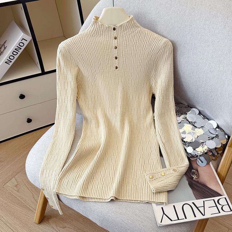 Women's Autumn Winter High Neck Rivet Sweater - Warm Long Sleeve Knit Pullover