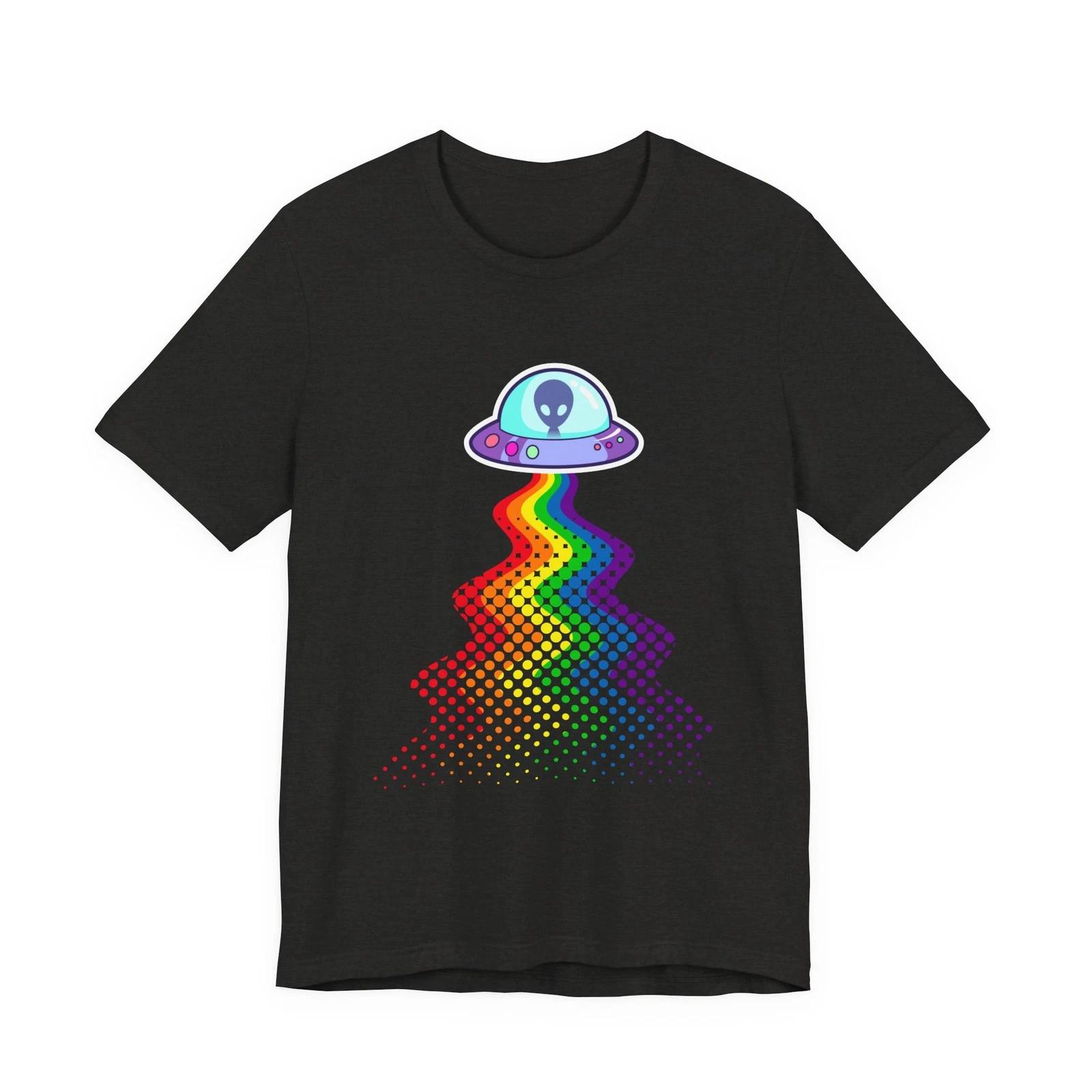 Rainbow UFO alien beam T-Shirt | Psychedelic Unisex space tee S