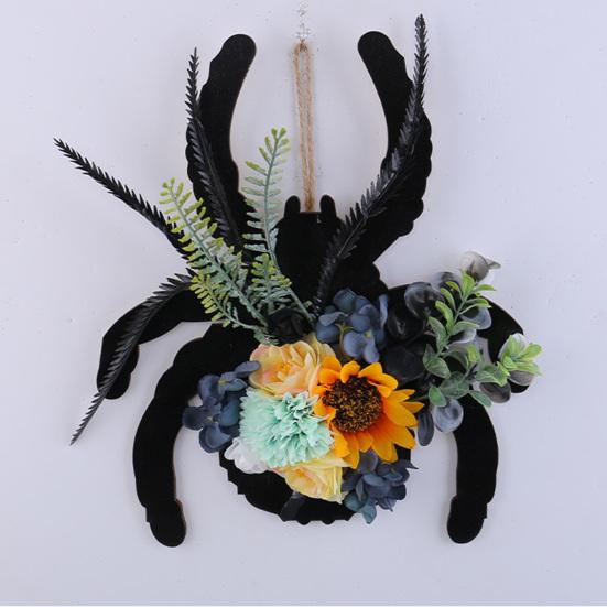 Spider Wreath Wooden Black Spider Wreath with Artificial Flowers Front Door Hanging Decoration for Floral Arrangement Halloween Wall Window Decor