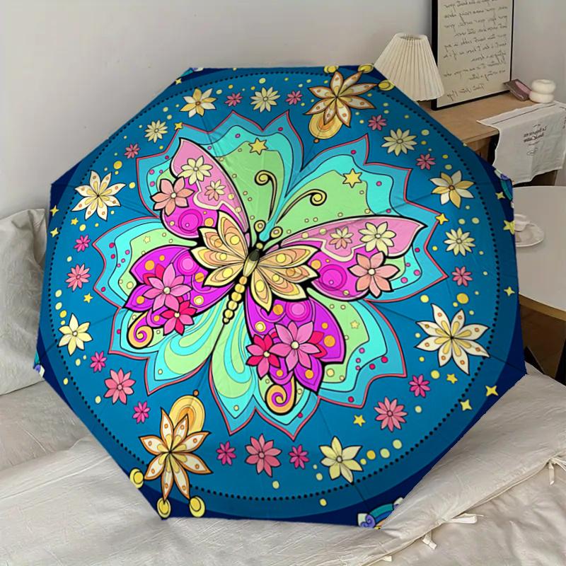 Colorful Butterfly Mandala Automatic Opening Folding Umbrella - Portable 3-Fold Design with Iron Frame -, Travelers, Daily Use - Perfect Gif
