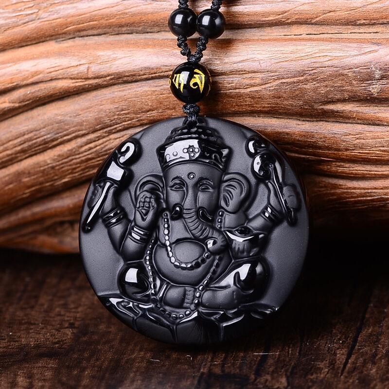 Kryształowy Obsydian Tajski Ganesha Czteroramienny Amulet Bogactwa z Wisiorkiem Matki i Słoniątka
