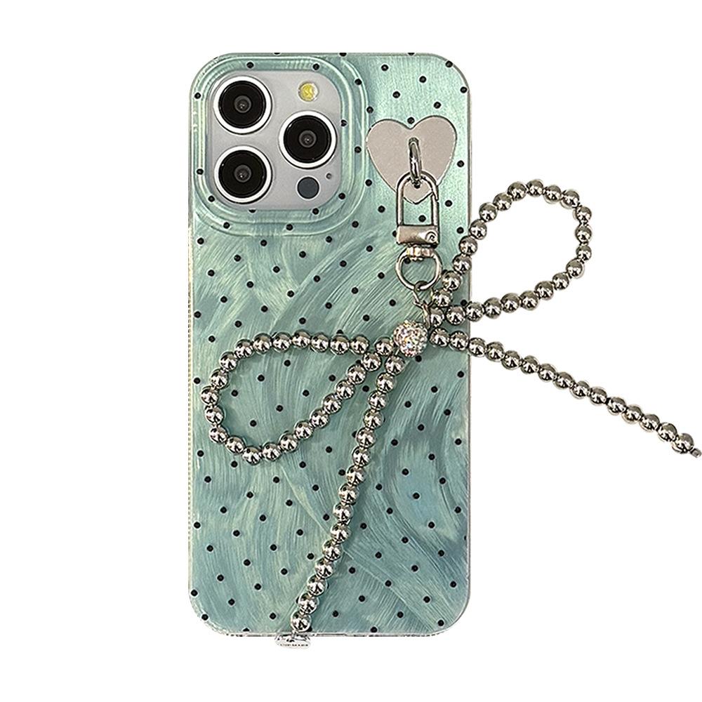 Mint Green Polka Dot Mobile Phone Case Suitable for 15promax Feather Iphone13 Bow Chain 16 Apple 14 Hard
