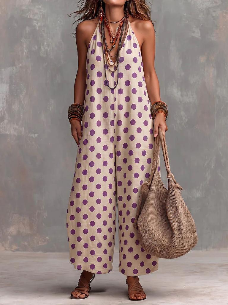 2026 European and American New Summer Cross-border Retro Polka Dot V-neck Loose Polka Dot Jumpsuit Sleeveless Straight Jumpsuit