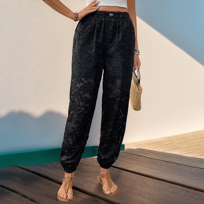 

Модные Повседневные Черные Жаккардовые Женские Брюки Свободные Прозрачные Уличная Одежда Офисные Карманы Тонкие Брюки Весна Осень Укороченные Брюки Женская Одежда L чёрный