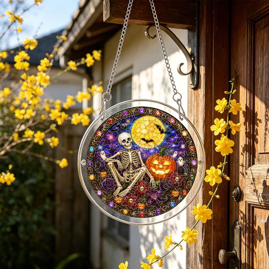 Yangyizhi Acrylic Jigsaw Puzzle Suncatcher, Stained Glass Style Halloween Skeleton Ghost Sun Catcher for Gothic Window Wall Hanging Decor
