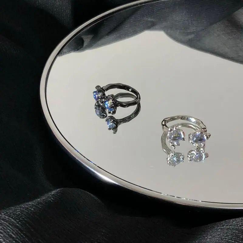 Moonstone~ Gun Black Silver White Ring Ins Temperament Couple Ring Tide Fashion Open Ring