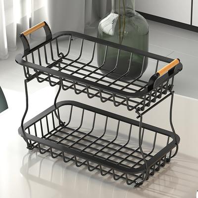 2 Tier Fruit Storage Basket Kitchen Countertop Organizer with Wooden Handle Mesh Carbon Steel Bowl