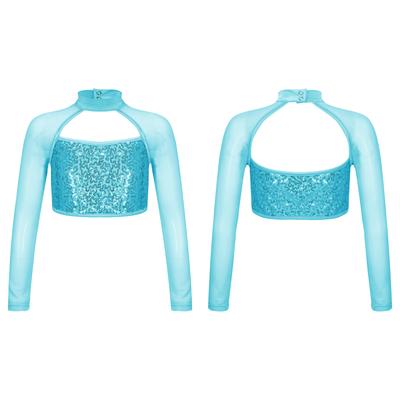 Dziecięcy dziewczęcy krótki top z długim rękawem błyszczące cekiny Decor T-shirt do gimnastyki na scenie tanecznej