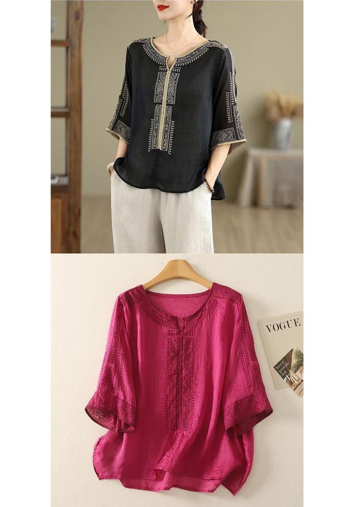 Elegant Chiffon Top: Popular Chinese Style Mid-Aged Women's Five-Point Sleeve Printed T-Shirt