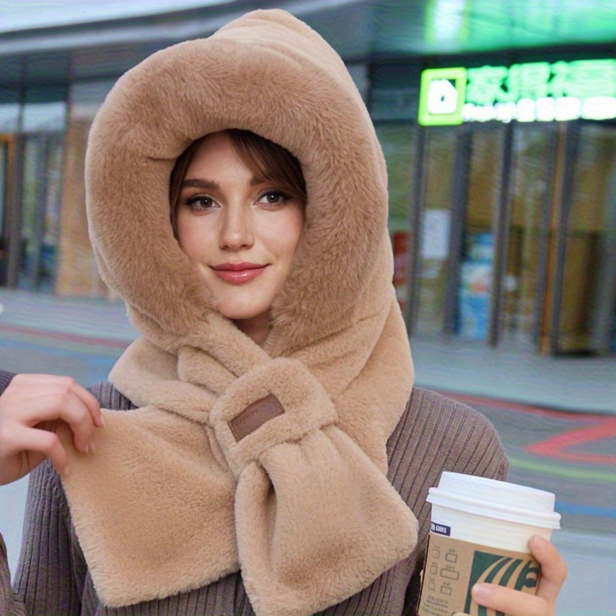 

Зимний теплый шарф и женская шапка интегрированные, с мягкой и толстой тепловой подкладкой для защиты ушей, вязаная шапка в полоску, теплая шапка для шеи хаки