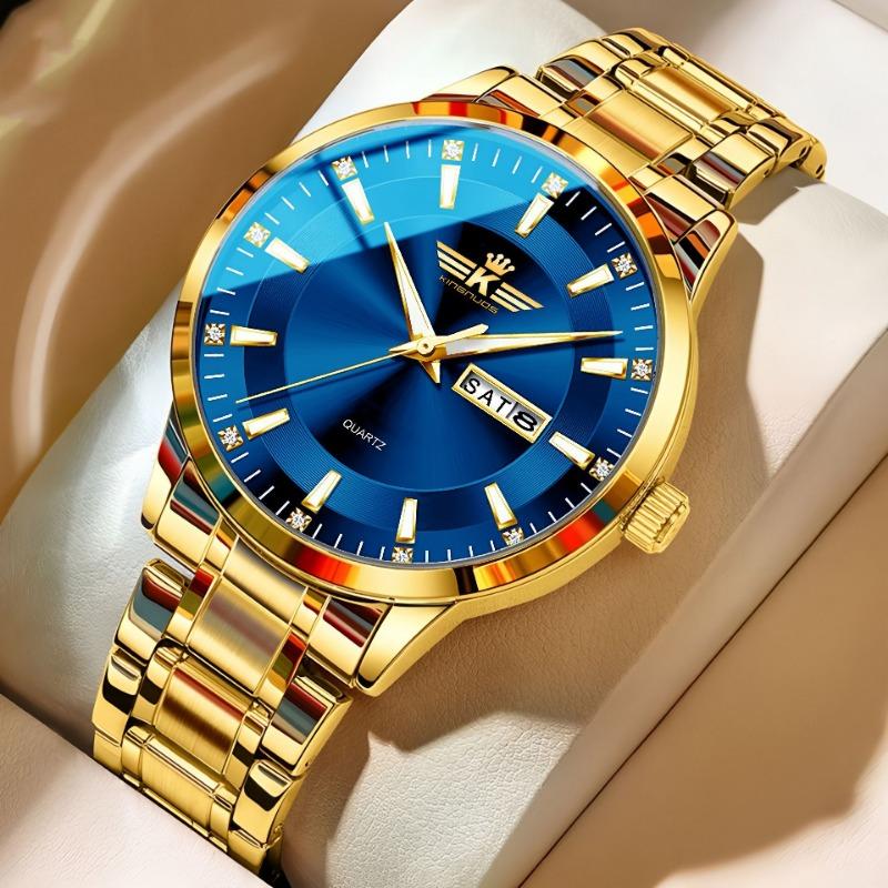 Top Brand New Men's Steel Band Waterproof Quartz Double Calendar Watch Luminous Scale Cross-Business Wristwatch