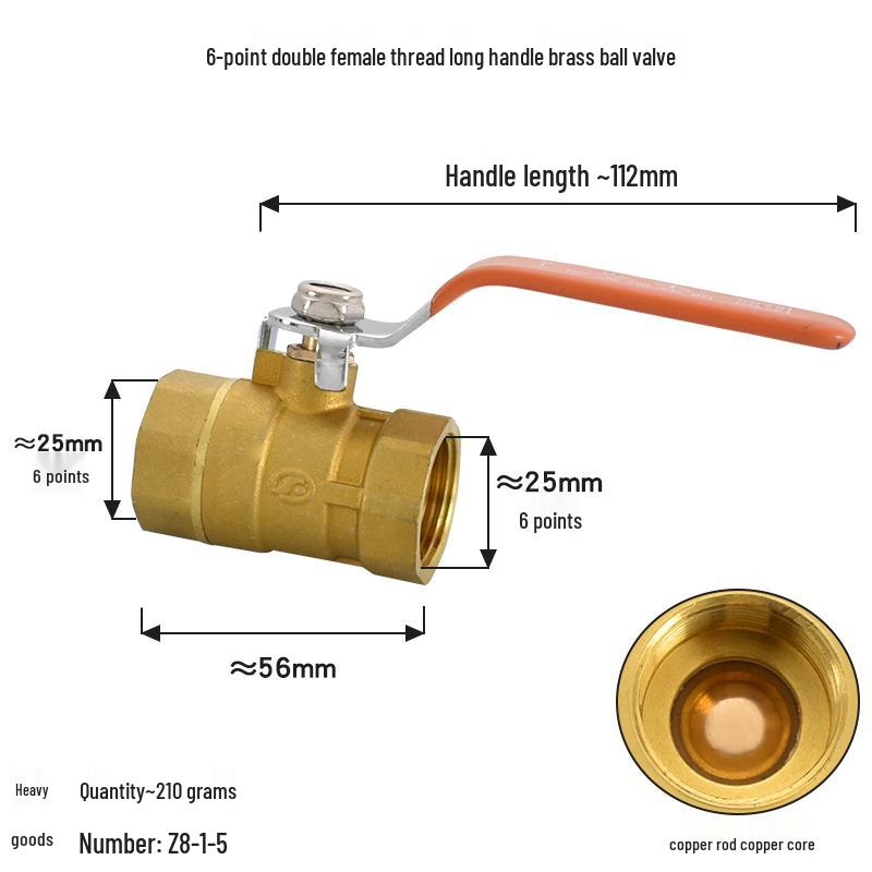 Brass Ball Valve with Copper Core: Male/Female, Double Female, 1/2", 3/4", 1" Sizes, for Water and Gas Pipes.