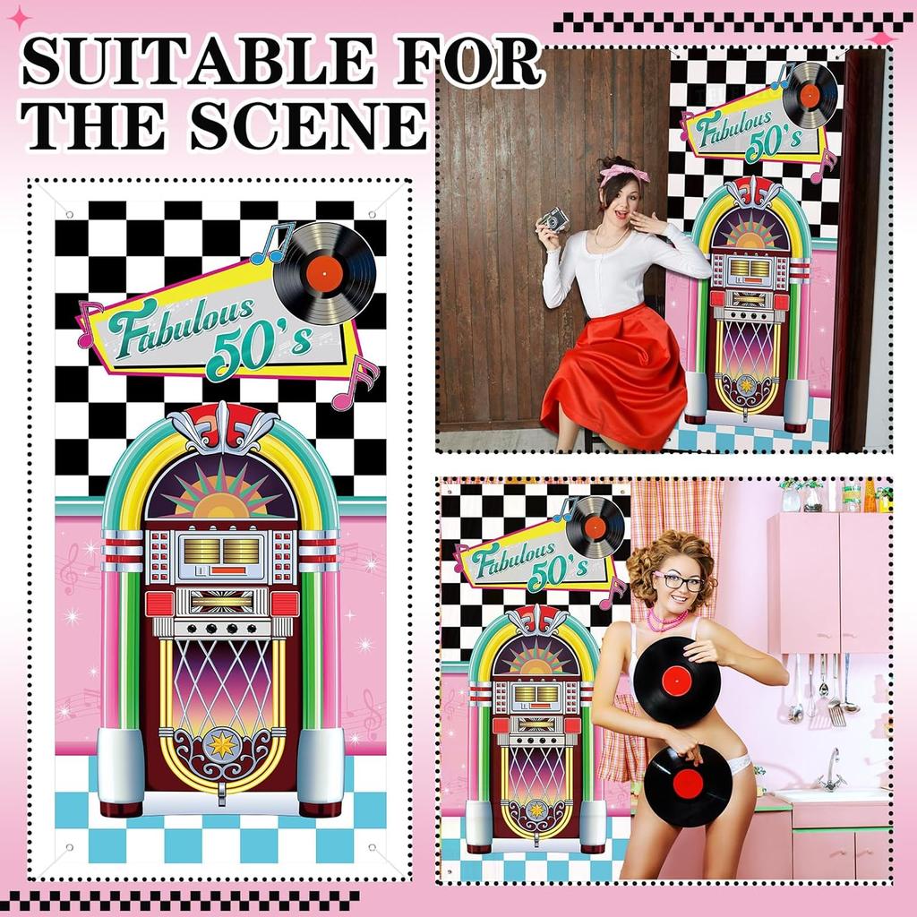 VitalCozy 71 x 35 Inch 1950s Party Decorations Retro 50s Fabric Door Cover 50's Rock and Roll Party Door Cover 50's Rocking Music Theme Backdrops