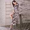 2026 Korean Version of the New Temperament Floral Slim V-neck Long Beach Sexy Split Long Dress Women's Print Lace-up
