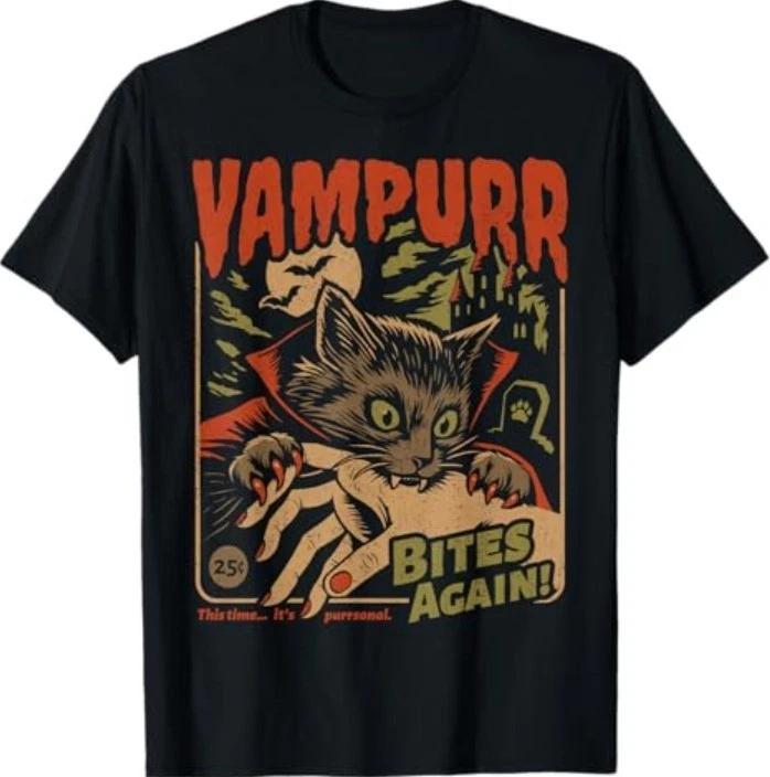 Vampurr Bites Again! Funny Cat Halloween Vintage Graphic T-Shirt 3XL