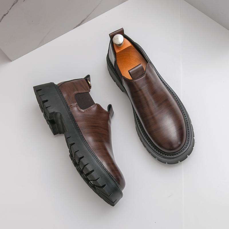 Fashion Loafers Men Casual Retro Le Fu Shoes Black Brown One-foot Thick-soled Anti-slip Height-increasing Brand Leather Shoes Size 38-46
