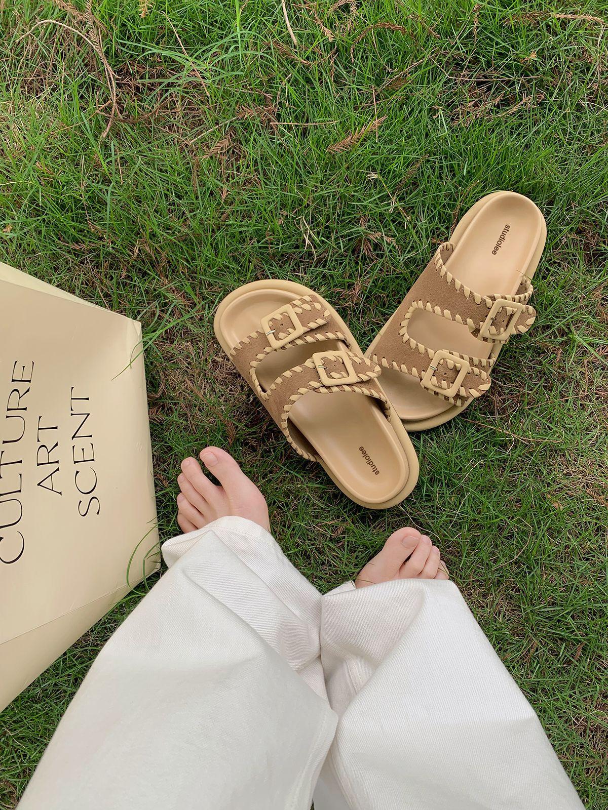 

Spot first layer cowhide~ Grape mother same leather open-toed double-breasted lazy thick-bottomed Boken slippers women s sandals 40