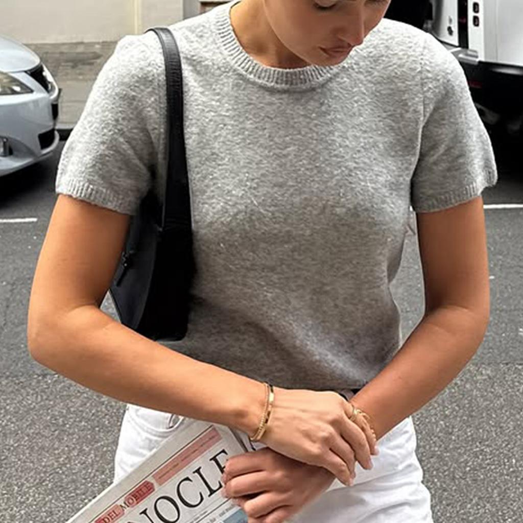 Casual Simple Short-sleeved Fashion T-shirt Woolen Women's Clothing 2025 Autumn and Winter