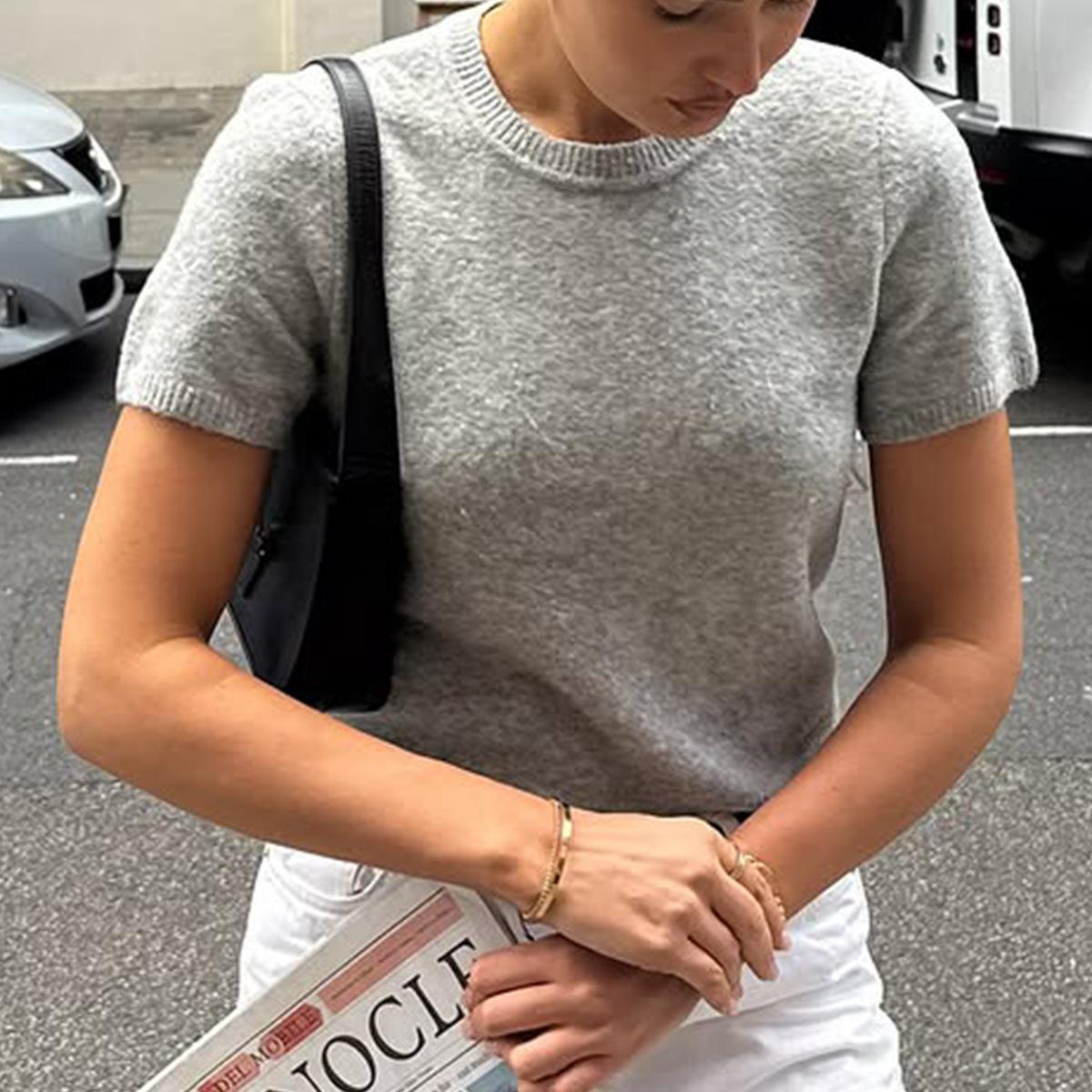 

Casual Simple Short-sleeved Fashion T-shirt Woolen Women s Clothing 2025 Autumn and Winter S серый