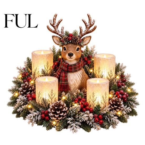 Christmas Party Supplies Lighted Highland Cow Table Centerpiece, Resin Flickering LED Flameless Candles, Frosted Pinecone Displays Pine Red