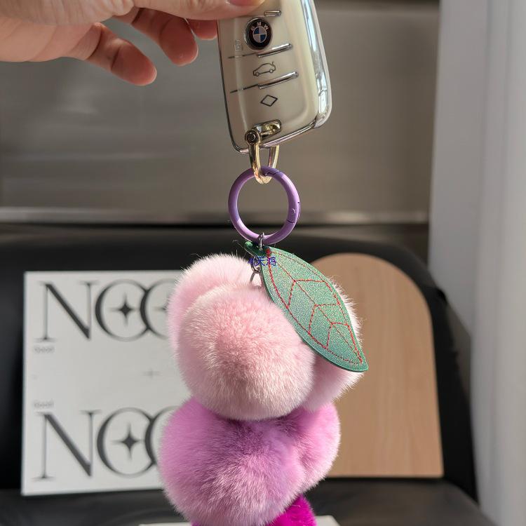 Real Rex Rabbit Fur Grape Keychain & Bag Charm - Cute Pendant Pompon