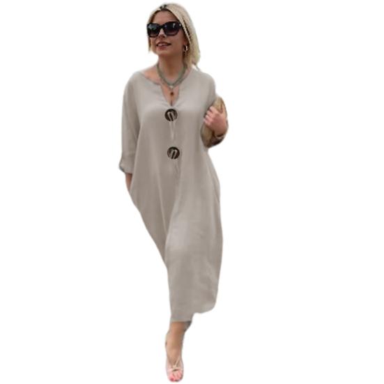 Women Dress V Neck Button Decor Long Sleeve Loose Solid Color Plus Size Mid-calf Length Simple Style Commute Daily Wear Midi Dress