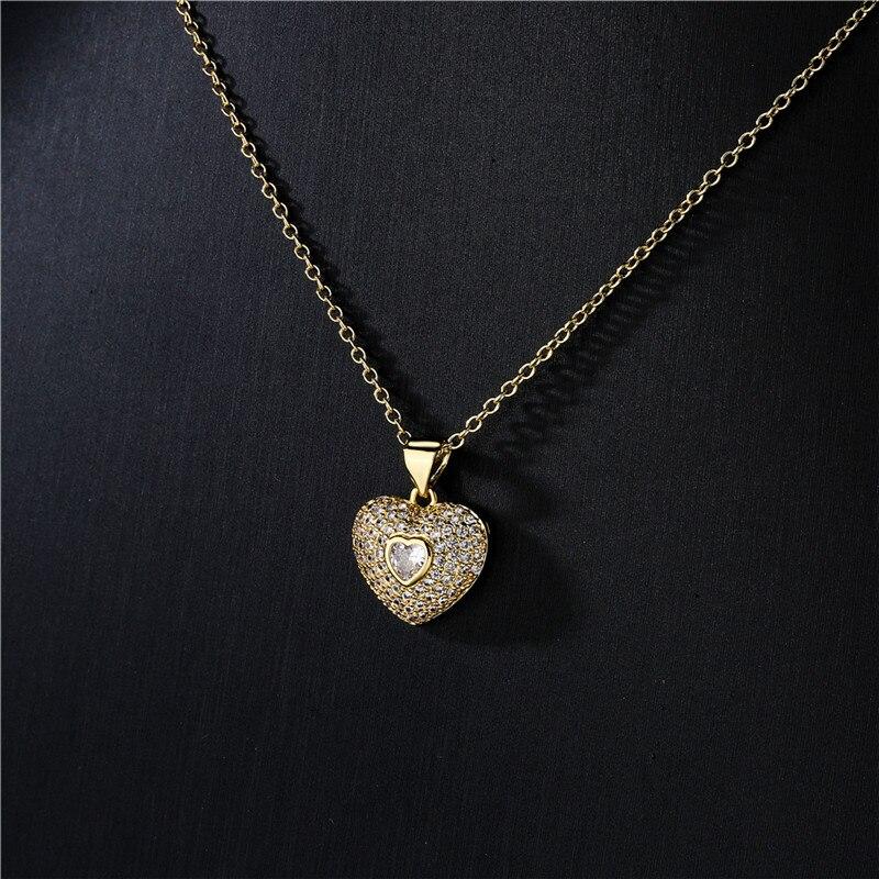 Wukalo Latest Stylish Fashionable Real Gold Tone Color Heart Shaped Pendant Pendant Necklace Temperament Jewelry Shiny Aaa Women Zircon Stone Wedding