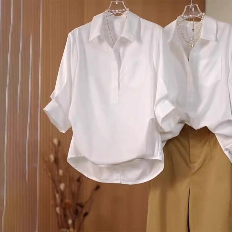 Large size design sense white short-sleeved shirt women's early spring new fat MM thin casual versatile lapel top