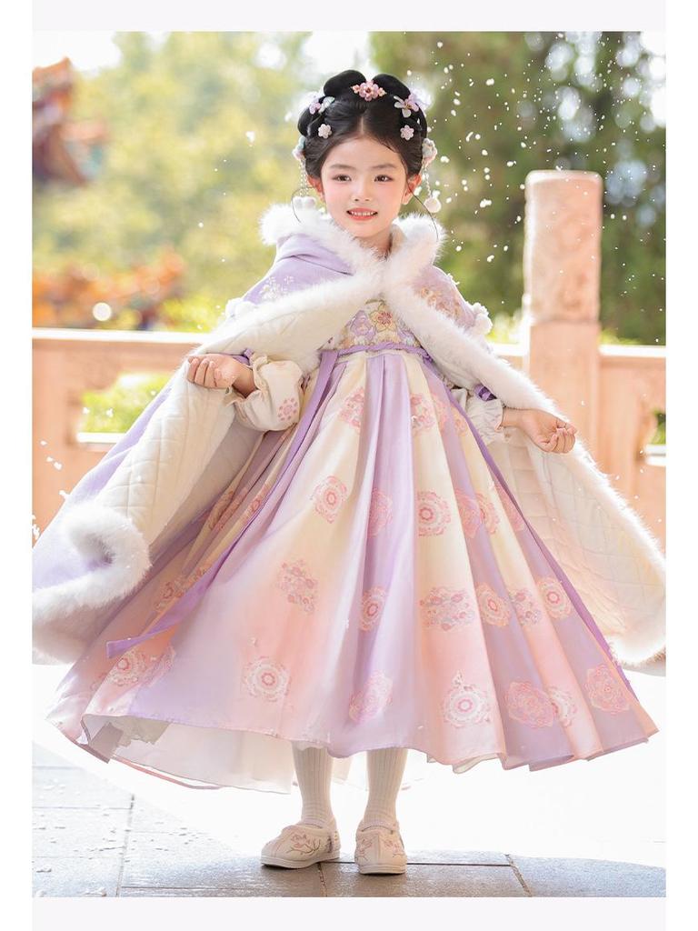 Girls' Winter Plush-Lined Hanfu Dress - Traditional Tang Suit Skirt for Autumn/Winter 2025 New Year