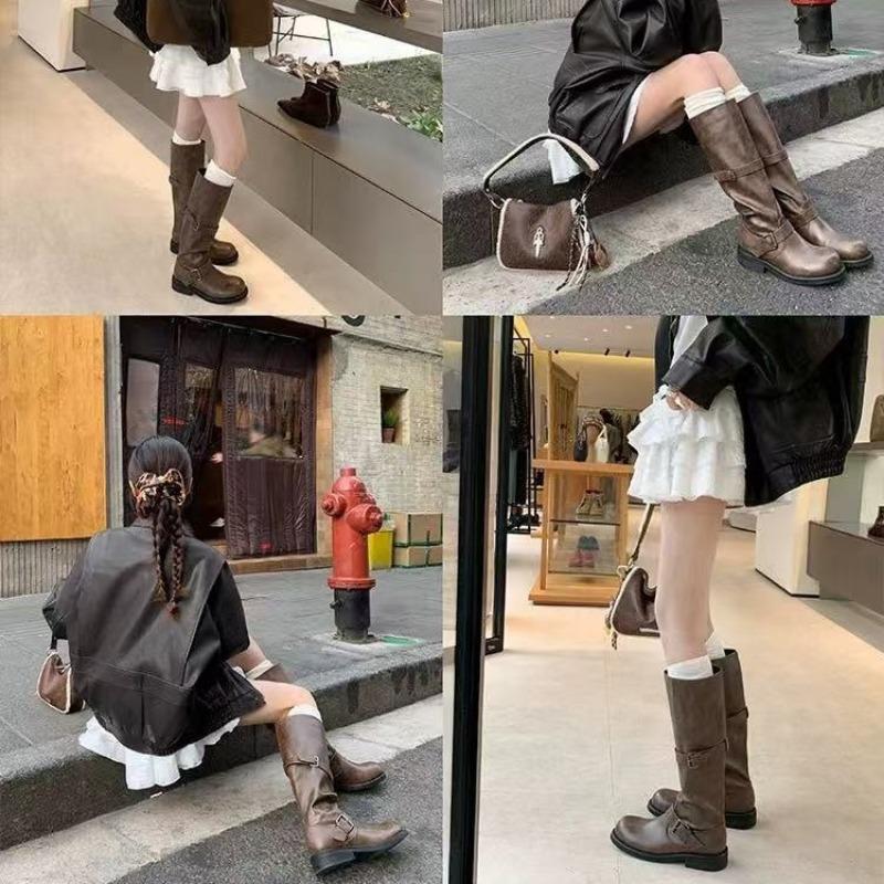 Cowhide Version~ Wide Tube Leather Shoes Thick-soled High Boots Women's Pile Boots Thick Heel Boots Knight Boots