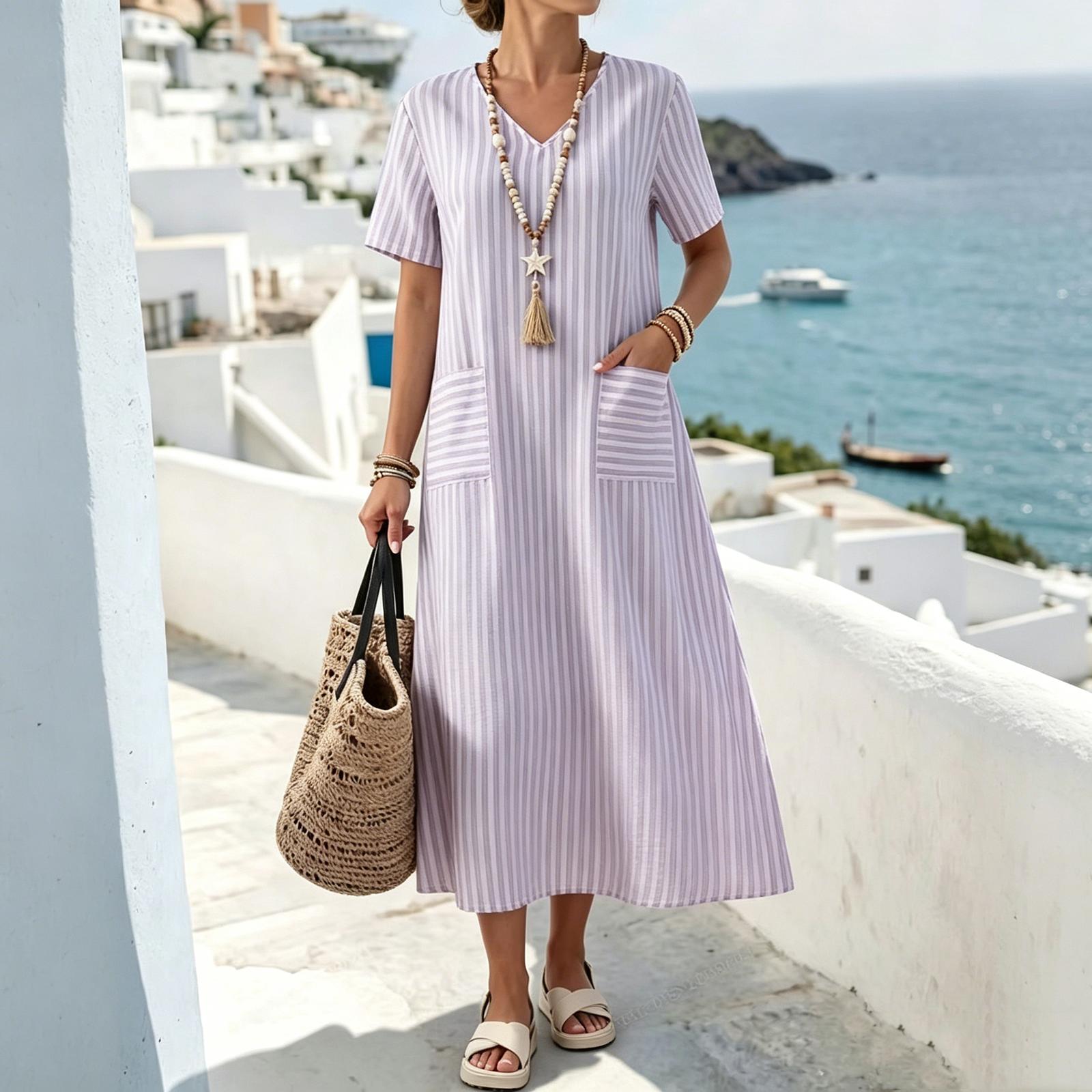 Womens V Neck Short Sleeve Striped Dress with Pockets Casual Loose Fit Midi Dress for Summer Vacation Beachwear L светло-фиолетовый