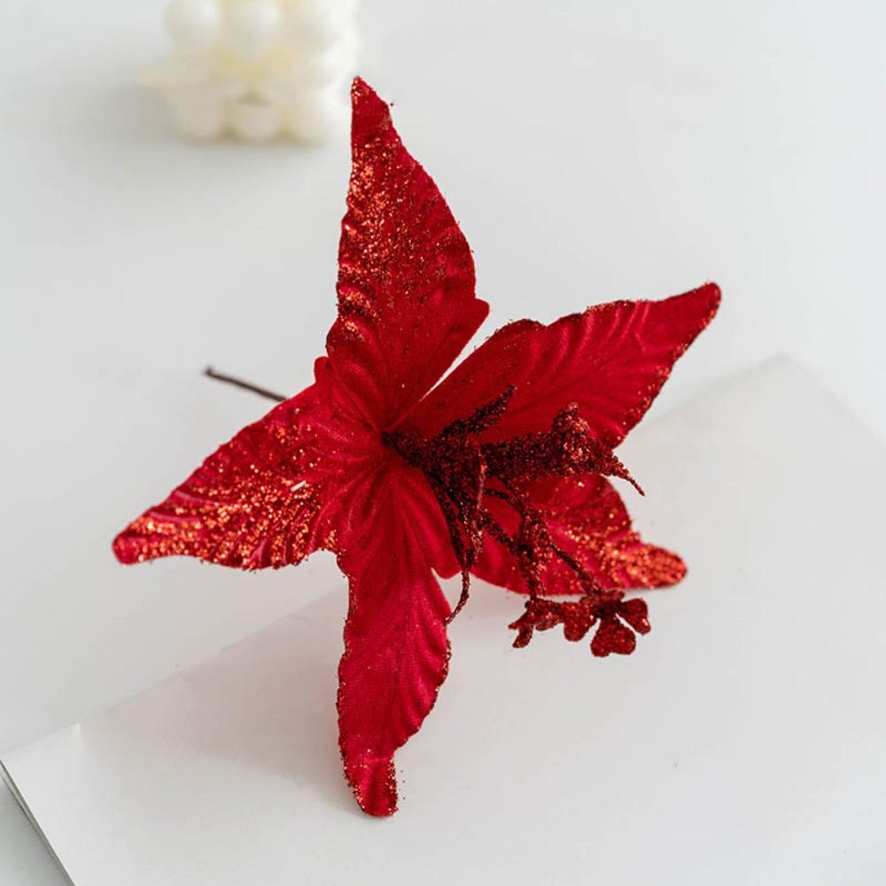 New Fabric Plastic Christmas Artificial Flowers 20cm/26cm Ornaments Fake Flower DIY Decoration Glitter Poinsettia New Year