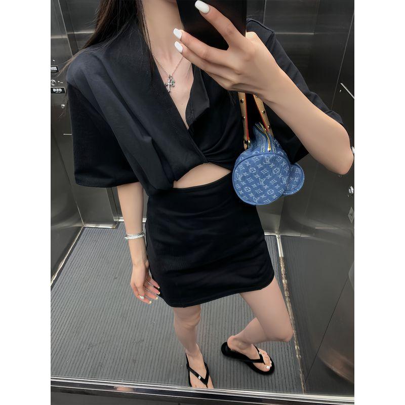 

District Ouyang Knot Hollow out V-neck Dress Women s Summer New Arrival Waist-Controlled Slim Fit Slimming Sexy Hip Skirt
