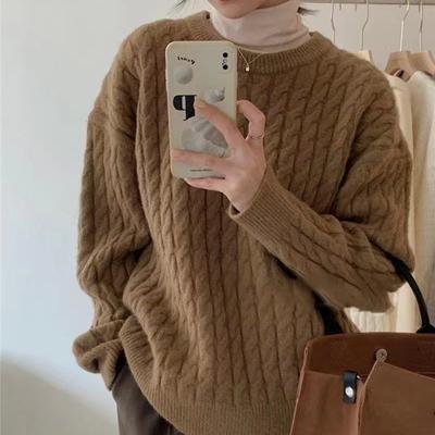 Twist Solid Color Simple and Versatile Knitted Bottoming Shirt Women's Autumn and Winter New Retro Loose Pullover Sweater Inner
