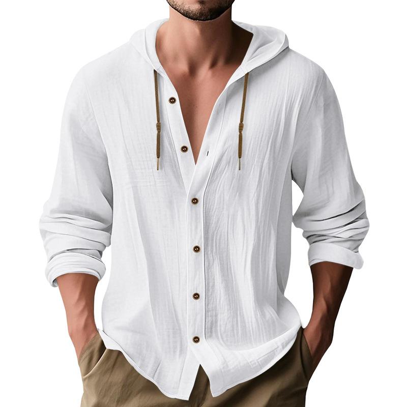 Men s Linen Blend Hooded Button Down Shirt Casual Long Sleeve S белый