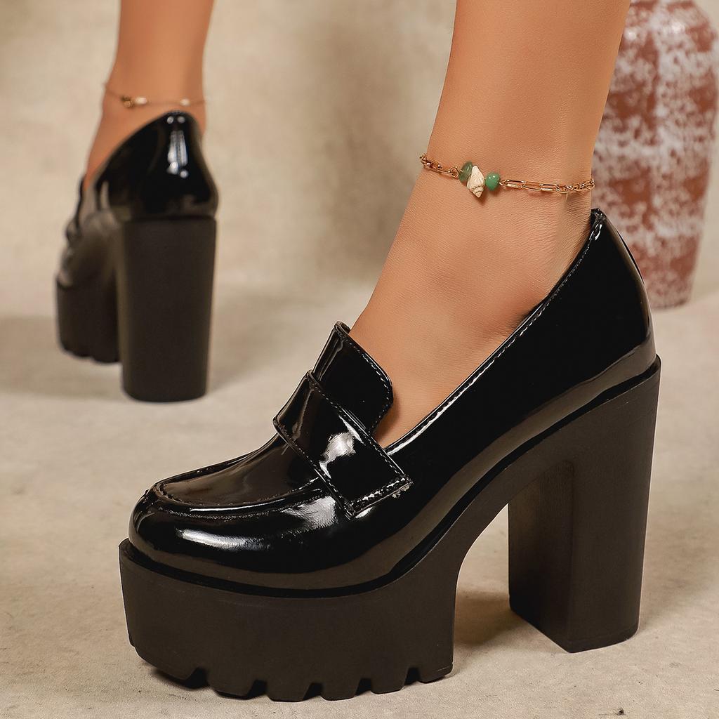 Deep Single Shoes New High Heels Catwalk Shoes Platform New New Waterproof Shoes Round Head Leather Shoes