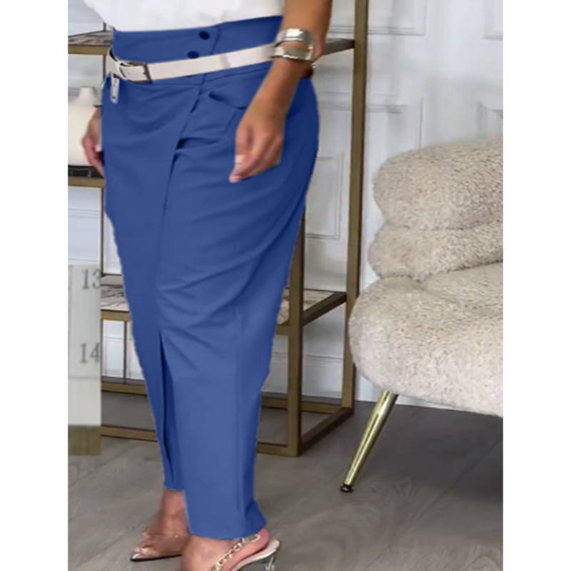 

Весняні асиметричні штани-костюм з високою посадкою для жінок, модні, шикарні, з поясом, прямі штани, повсякденні вуличні штани, жіночий низ M синій