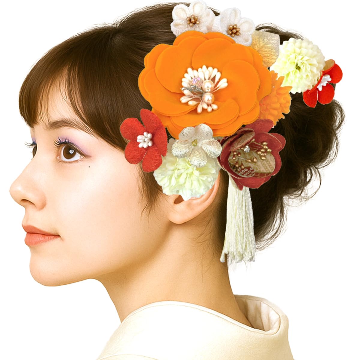 

hair accessory set for furisode and Two-piece (long-sleeved kimono) coming-of-age ceremonies, kk-026, yellow, Tsumami-zaiku crepe.