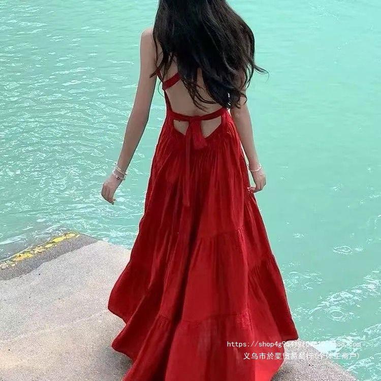 Sanya Photo Clothes Straps Super Fairy Red Halter Suspender Long Dress Vacation Thai Dress Seaside Beach
