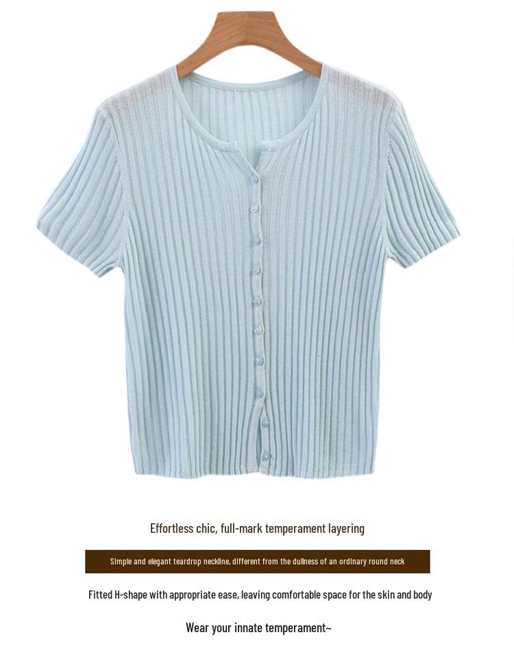 Summer Women's Tencel Lyocell Striped Cardigan Scissor Collar Knit Top