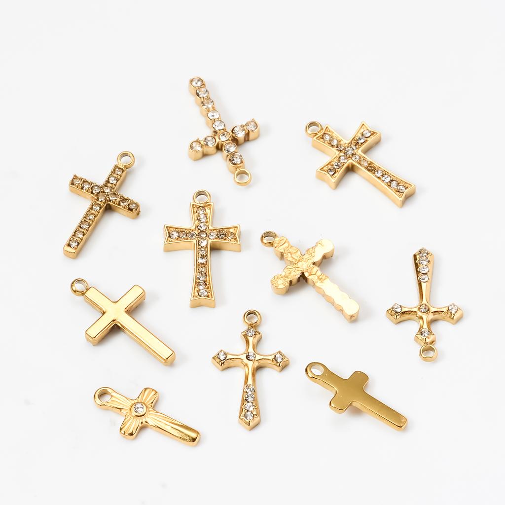 Wholesale 4Pcs Mini Rhinestone Cross Casting Charms Stainless Steel Jewelry Making Earring Pendant Necklace DIY Findings